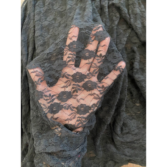 FREE PEOPLE ShirMyrna Black Sheer Lace Tunic Top Blouse Boho High Smocked Collar - Picture 7 of 11